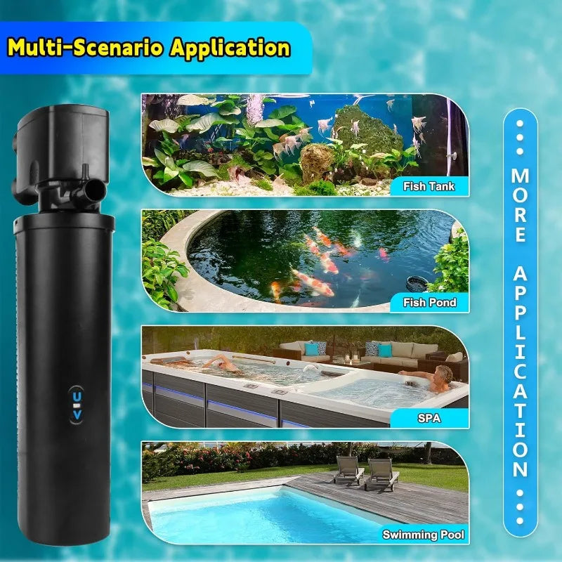 600GPH UV Aquarium Filter for 75-300 Gal Tank, Large Fish Turtle Tank Green Water Clean Machine Submersible Canister Filter Powe