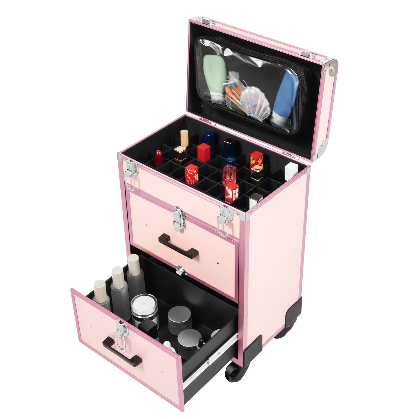 Professional Makeup Rolling Train Case, 3-Layer Portable Cosmetics Organizer with 40 Compartments & Wheels - 110LBS Capacity