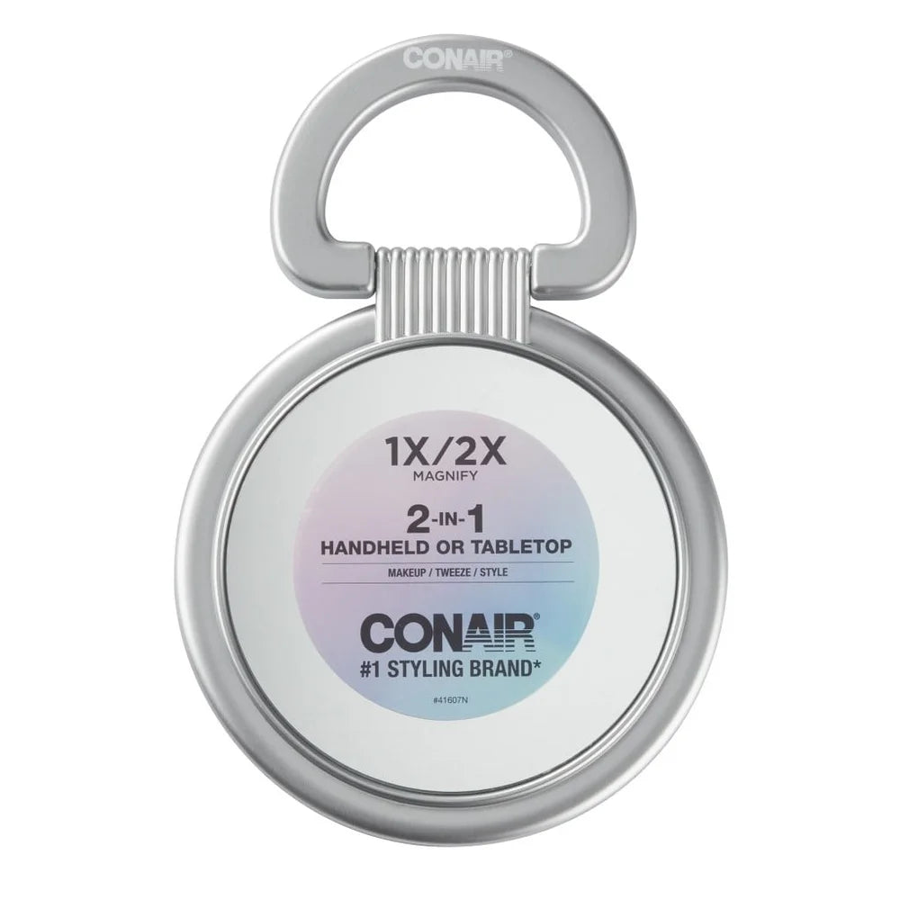2-in-1 Handheld Tabletop Mirror Standard View 2x Magnification Adjustable Makeup Tweezing Travel Use Multi-color