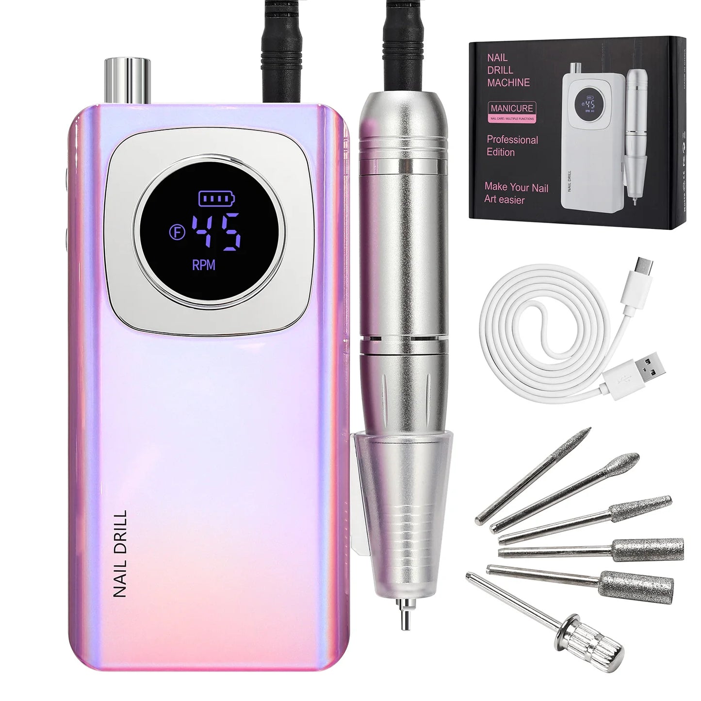 Original 45000RPM Professional Rechargeable Electric Nail Drill Machine Portable Cordless Nail File For Acrylic Gel Nails Remove