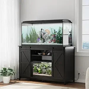 Farmhouse 55-75 Gallon Fish Tank Stand with Power Outlet, Aquarium Stand with Storage Cabinet and Sliding Barn Door, Heavy Duty