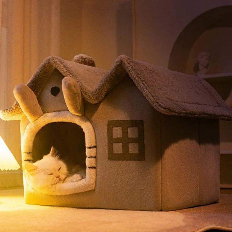 Luxury Double Roof Indoor Dog House Cat Nest Foldable Warm Soft Kennel 30D High Elastic Memory Sponge Removable Grey Velvet