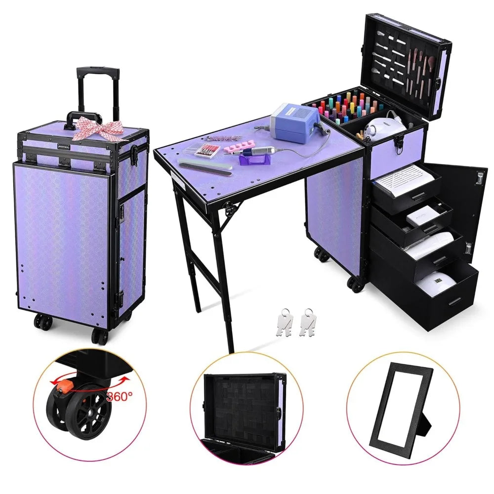 BYOOTIQUE Portable Nail Table Foldable with Storage Traveling Manicure Rolling Makeup Case on wheels for Manicurist Cosmetologis
