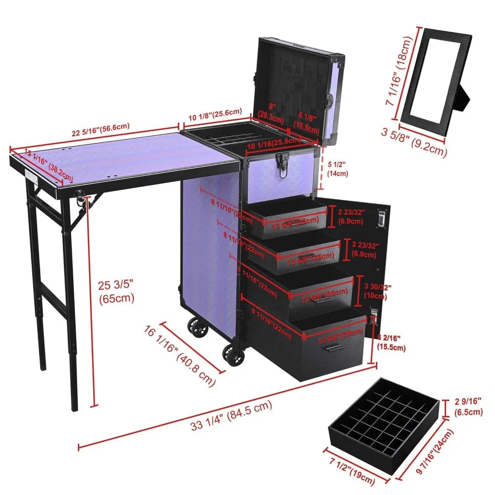 BYOOTIQUE Portable Nail Table Foldable with Storage Traveling Manicure Rolling Makeup Case on wheels for Manicurist Cosmetologis