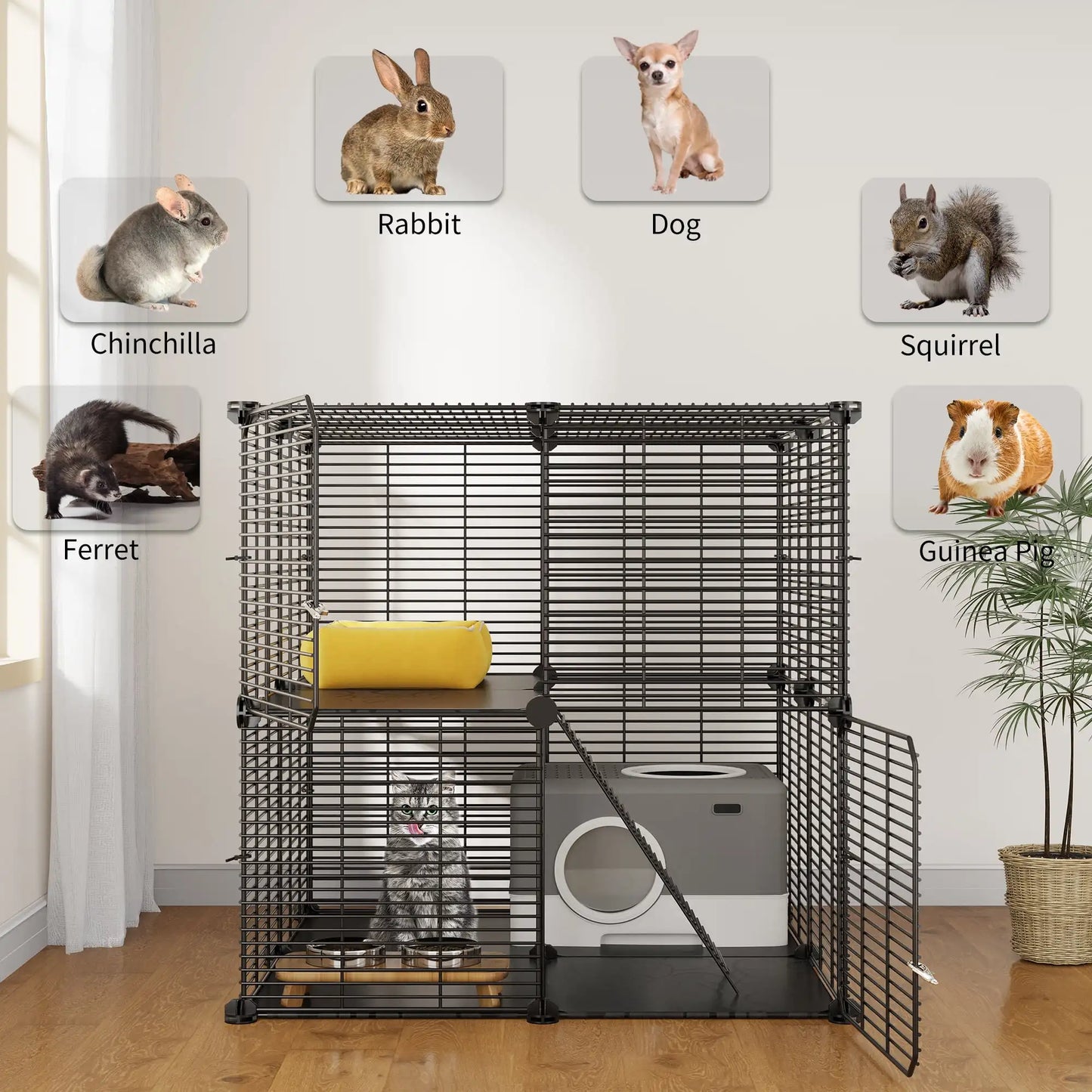 Cat Cage 2 Tier Indoor Cat Enclosure Kitten Cage DIY Pet Playpen Metal Kennel for 1 to 2 Cats Ferret Chinchilla Rabbit