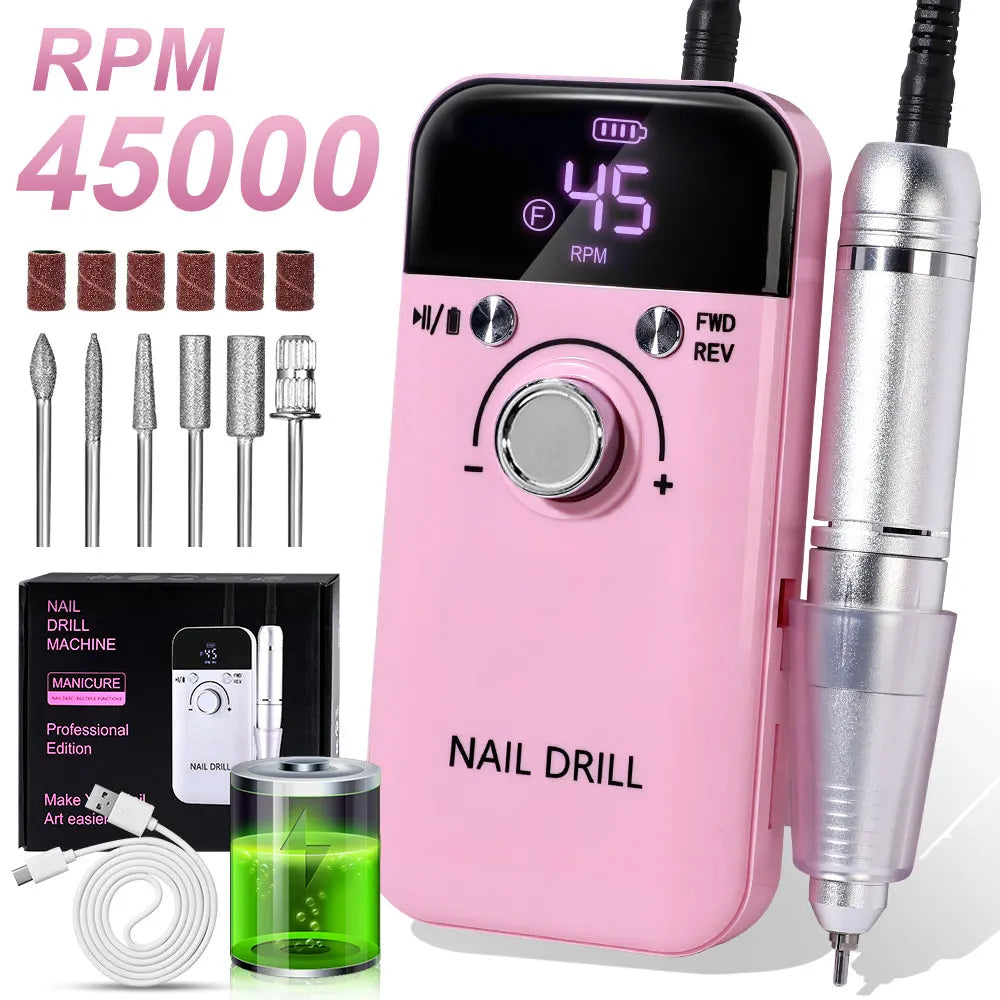 Nail Drill 45000 RPM Rechargeable File for Gel Polish