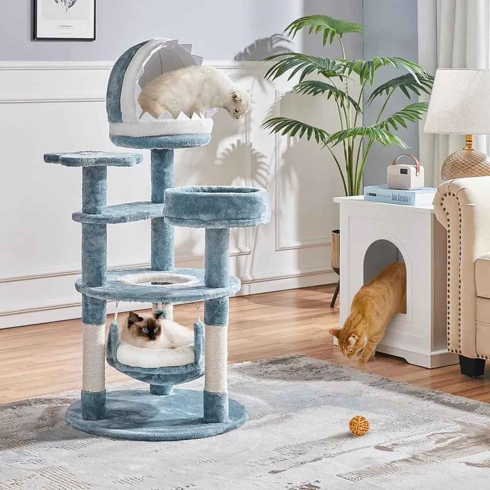 Cat Tree Multi Level Cat Tower Plush Furniture with Shark Mouth Shaped Nest Sea Star Shaped Perch Jellyfish Style Hammock