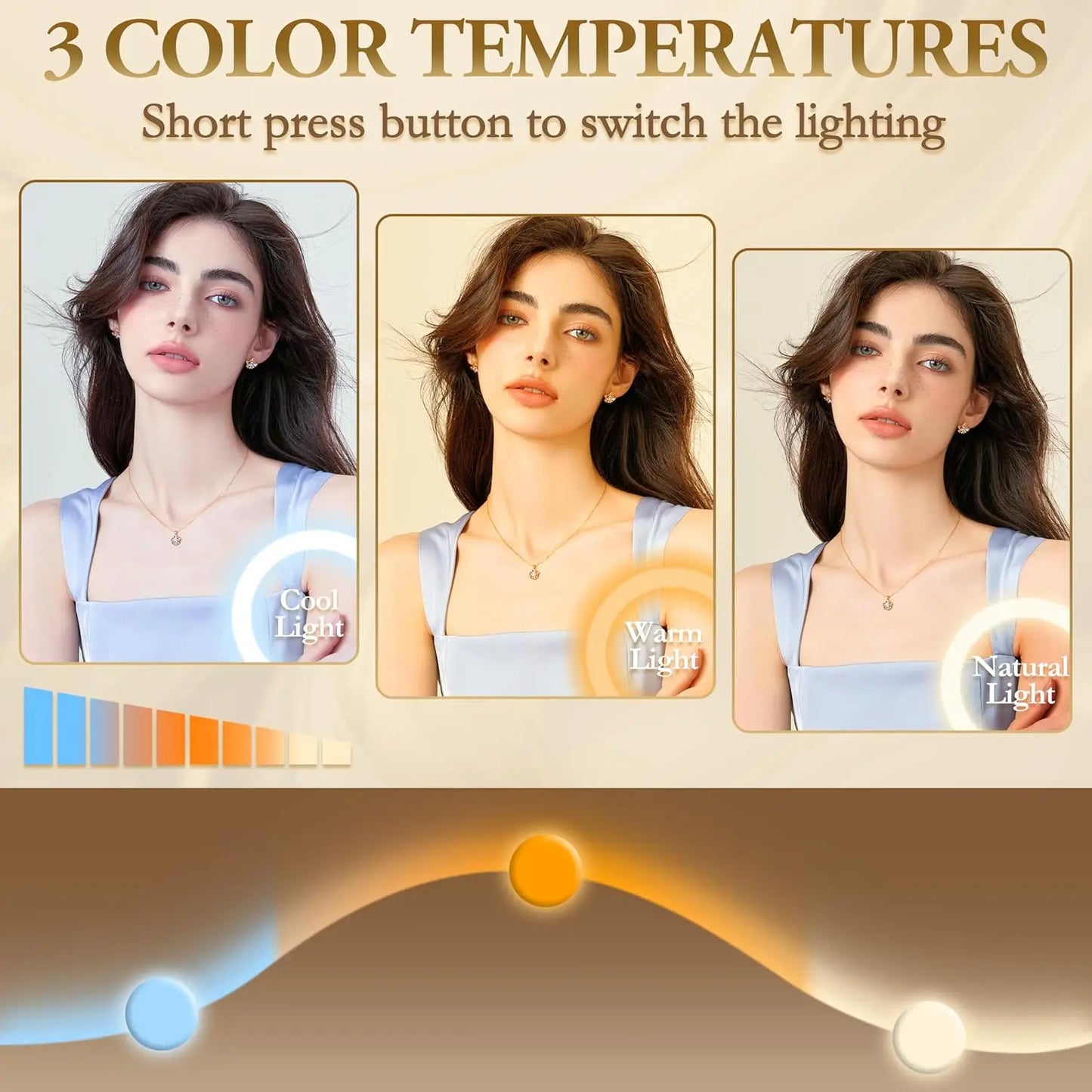 Light colored makeup mirror with 3-tone lighting, detachable 10x magnifying glass, 360 ° rotation, 15 inches x 13 inches (gold)