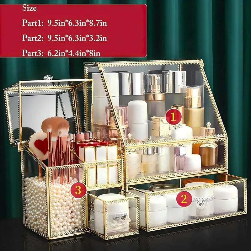 Large Glass Makeup Organizer Drawer Set Beauty Storage Bathroom Counter Organizer Cosmetic Display with Pearl (16in)