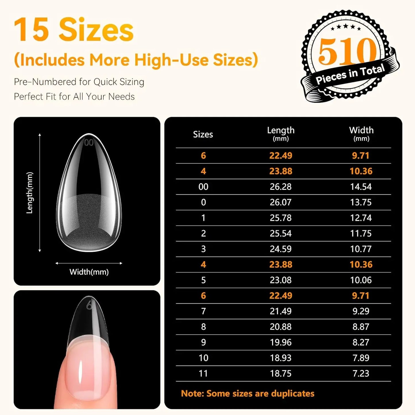 Makartt Almond Nail Tips: 510pcs Full Cover Medium Almond Fake Nails, 15 Sizes Soft Gel Half Matte Pre-shape Press Ons Nails