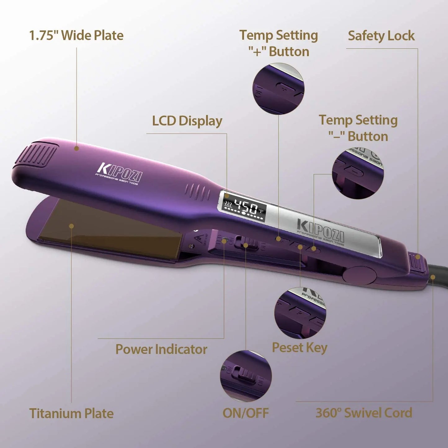 KIPOZI Titanium Flat Iron With LCD Display Dual Voltage