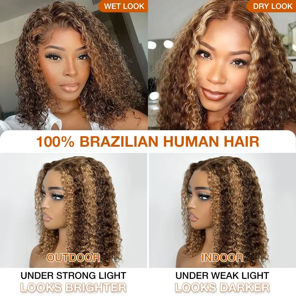 Deep Wave Honey Blonde Glueless Bob Wig HD Lace Front