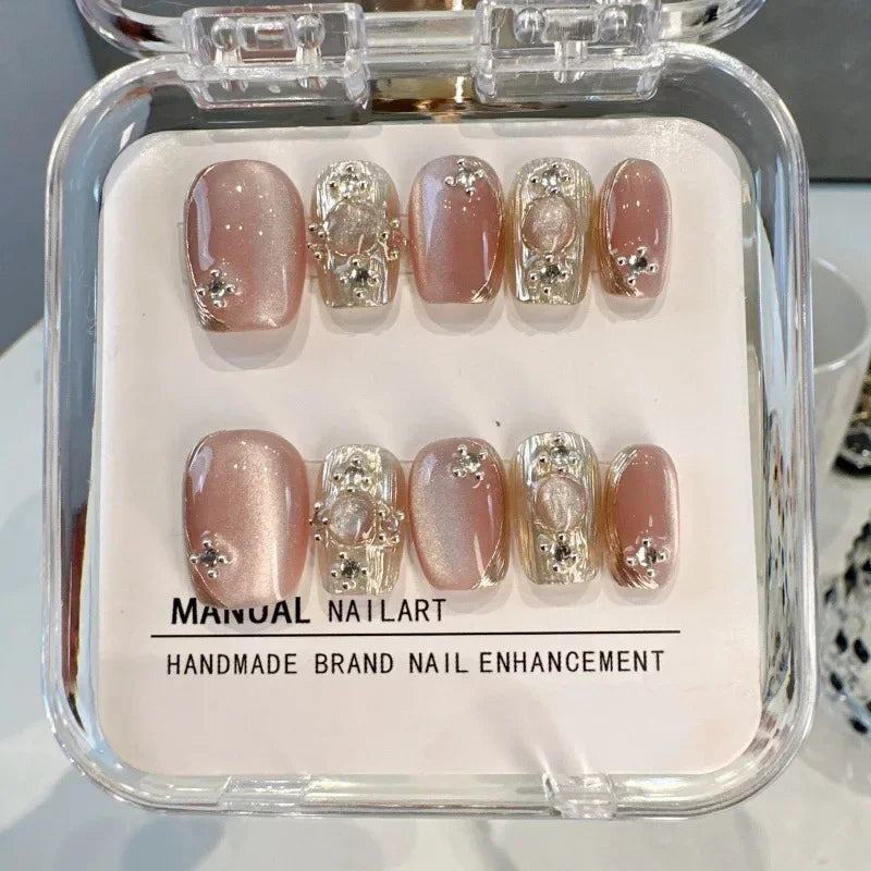 10Pcs Light Luxury Handmade Press On Nails Full Cover Cat Eye Design Glitter Ballerina False Nails Manicure Wearable Nail Tips