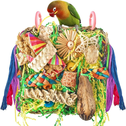 Interactive Foraging and Climbing Bird Toy Set with Colorful Shredding Seagrass Swing Mat and Wallmounted Hammock for Conures C