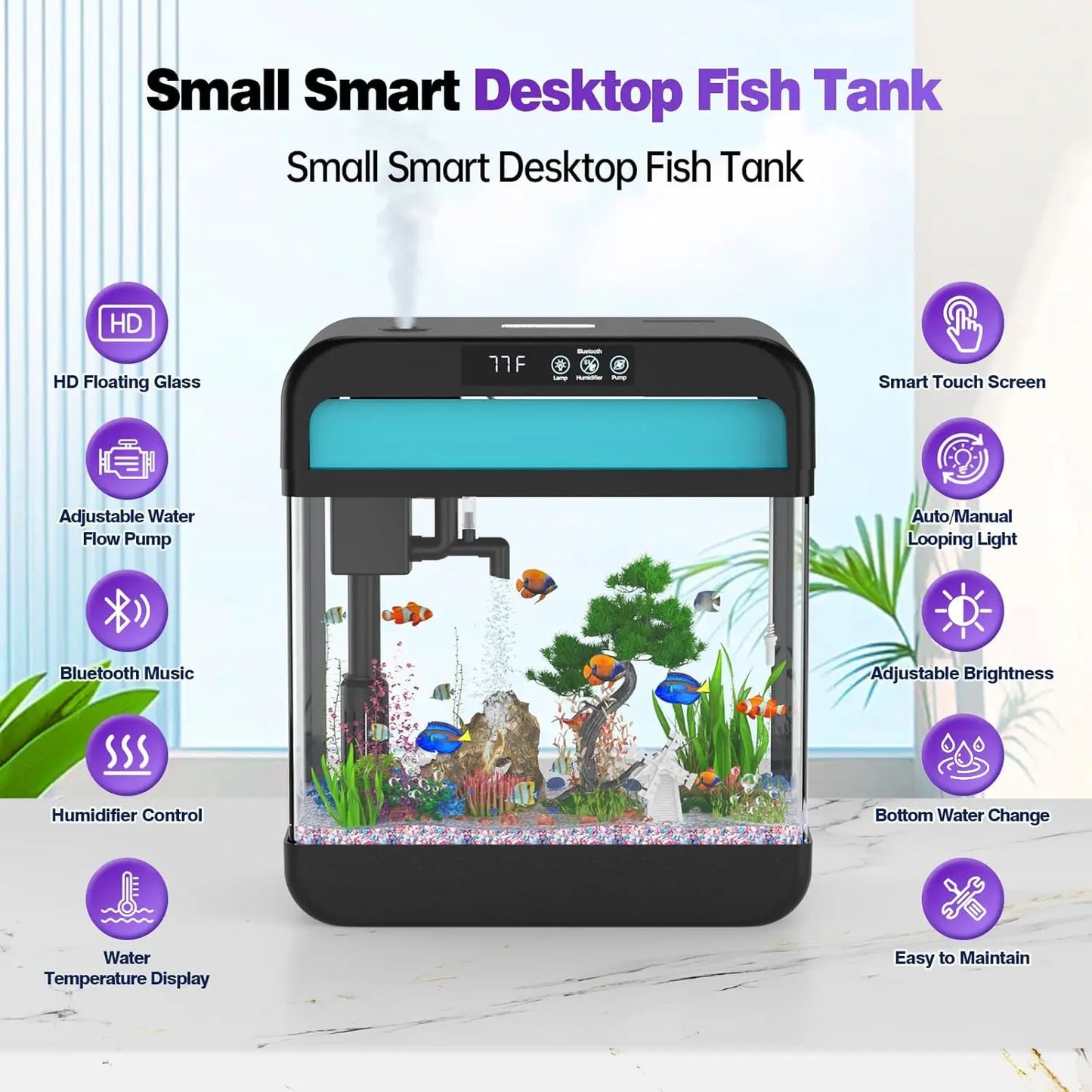 Fish Tank 2.2 Gallon Fish Aquarium with Music Humidifier 7 Color Auto-Looping Light Adjustable Water Pump with Filtration & Aera