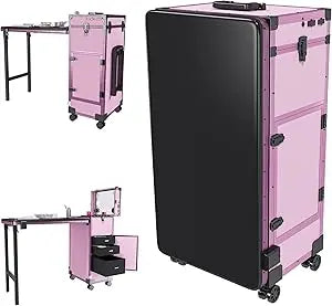 Portable Rolling Manicure Table w/Telescopic Rod, Mobile Makeup Case Foldable Nail Desk Cosmetology Case with Wheels, 3 Lockable