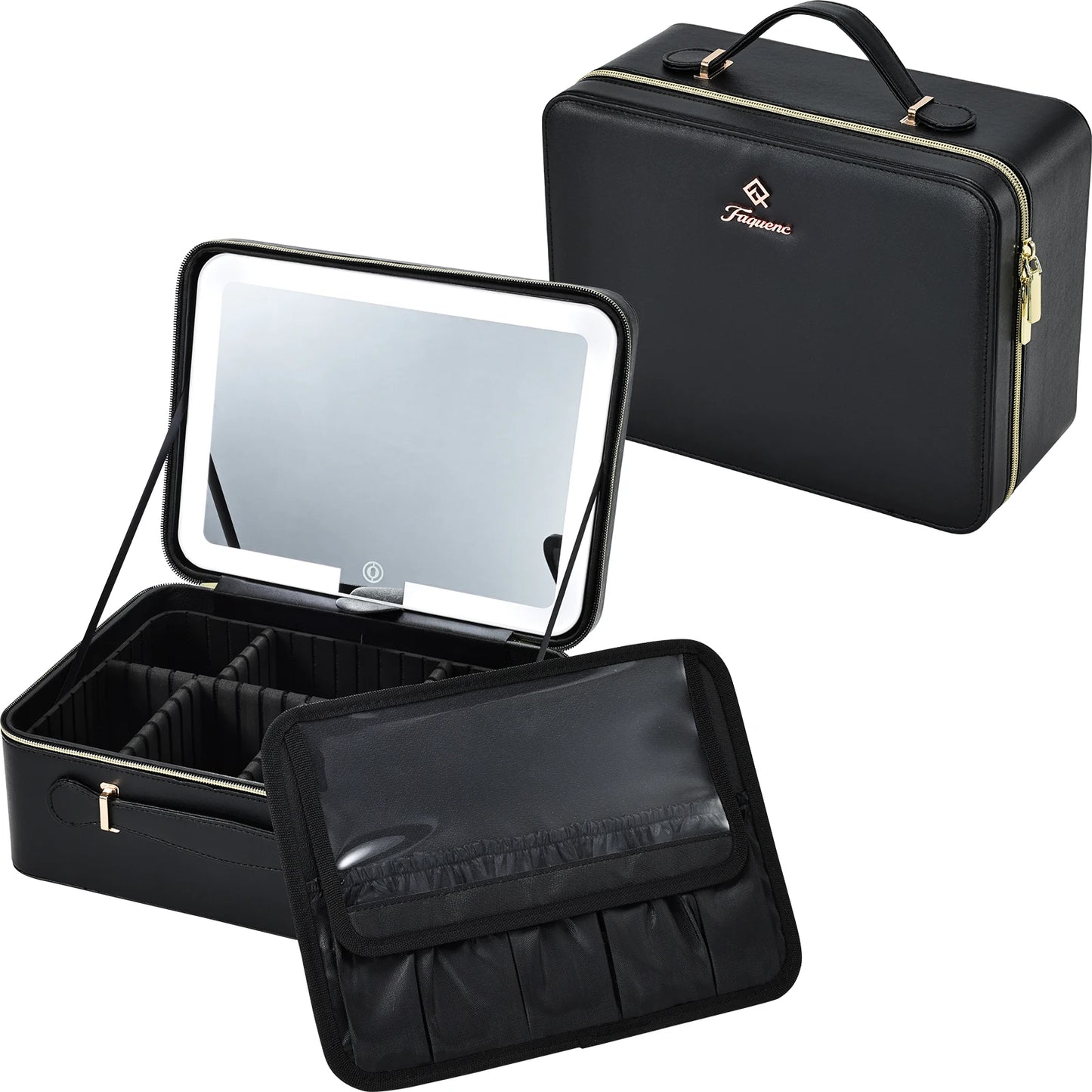 Leather Makeup Case With LED Mirror Travel And Dividers