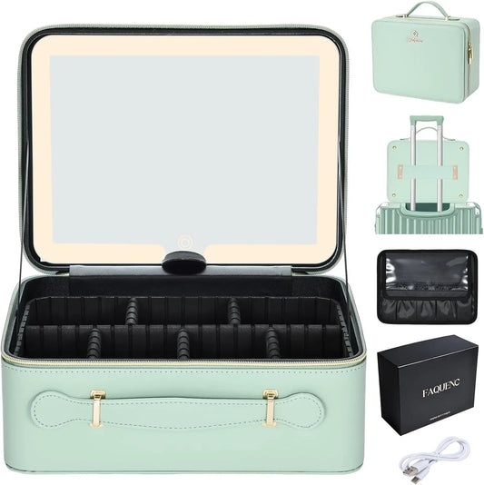 Leather Makeup Case With LED Mirror Travel And Dividers