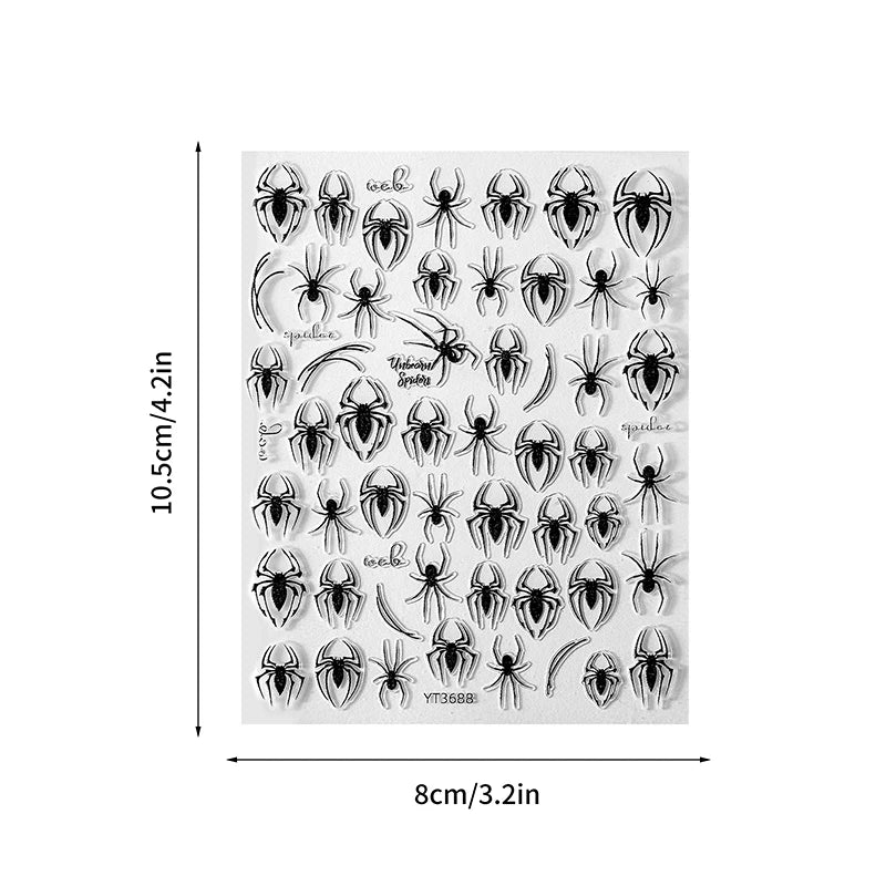 5D Relief Halloween Spider Nails Sticker Black Spiders Cobweb Embossed DIY Manicure Decals