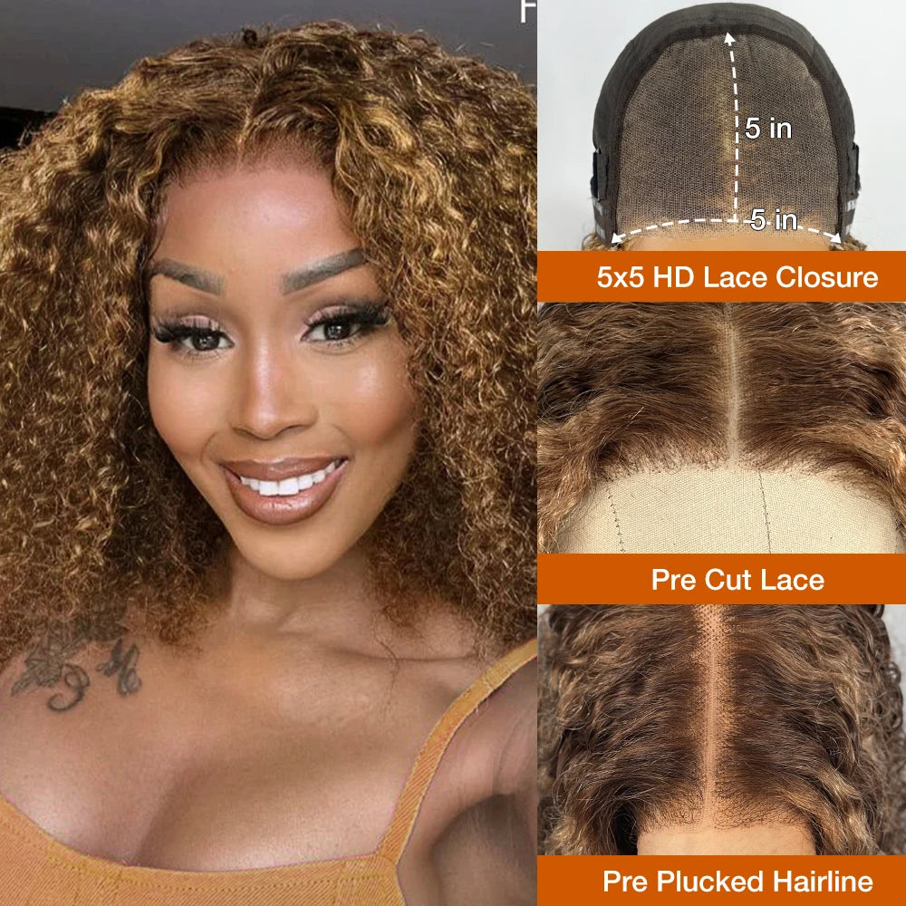 Deep Wave Honey Blonde Glueless Bob Wig HD Lace Front