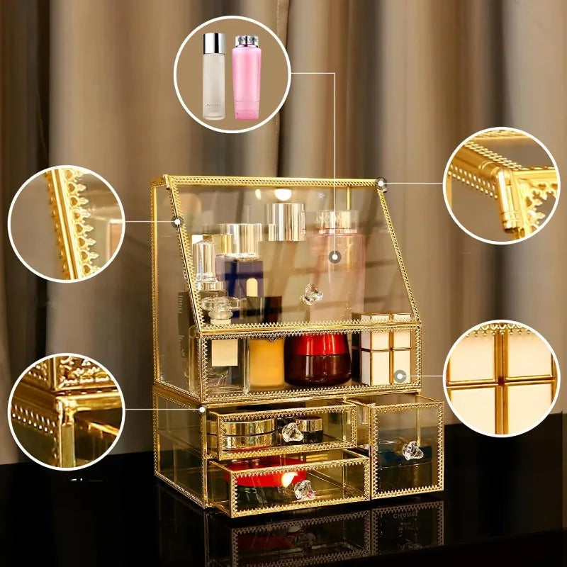 Large Glass Makeup Organizer Drawer Set Beauty Storage Bathroom Counter Organizer Cosmetic Display with Pearl (16in)