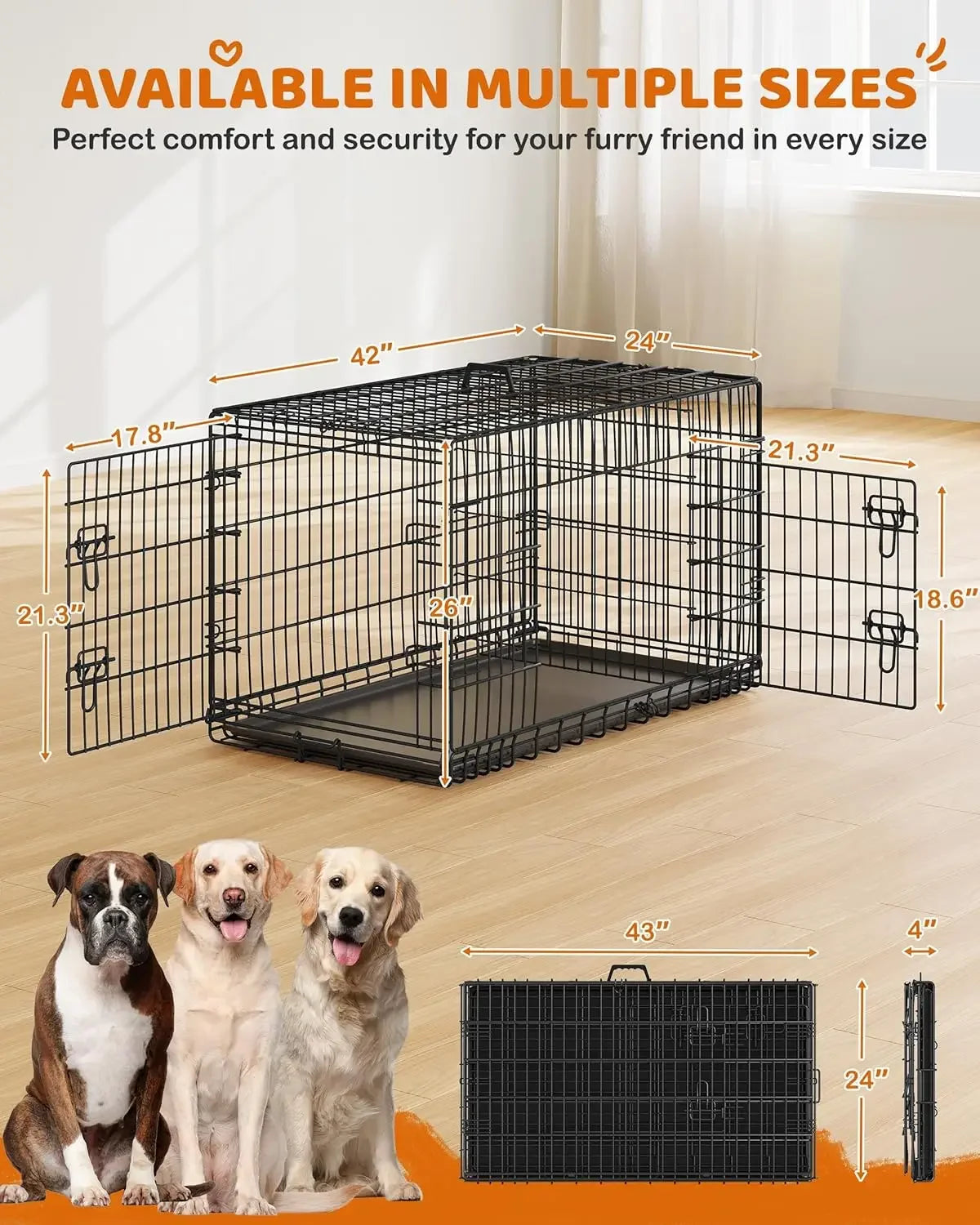 42 inch Dog Crate Double Door Dog Crate w/Divider for Puppy to Adult XL Collapsible Metal Dog Crate with Removable Tray Wire