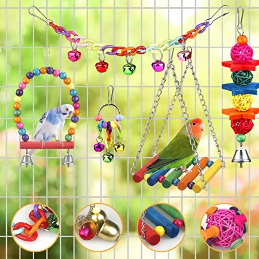 Bird Toys for Conures with Colorful Ladder Hammock Bird Cage Accessories Bird Perch Stand Chewing Toys Hanging Bell for Parrot