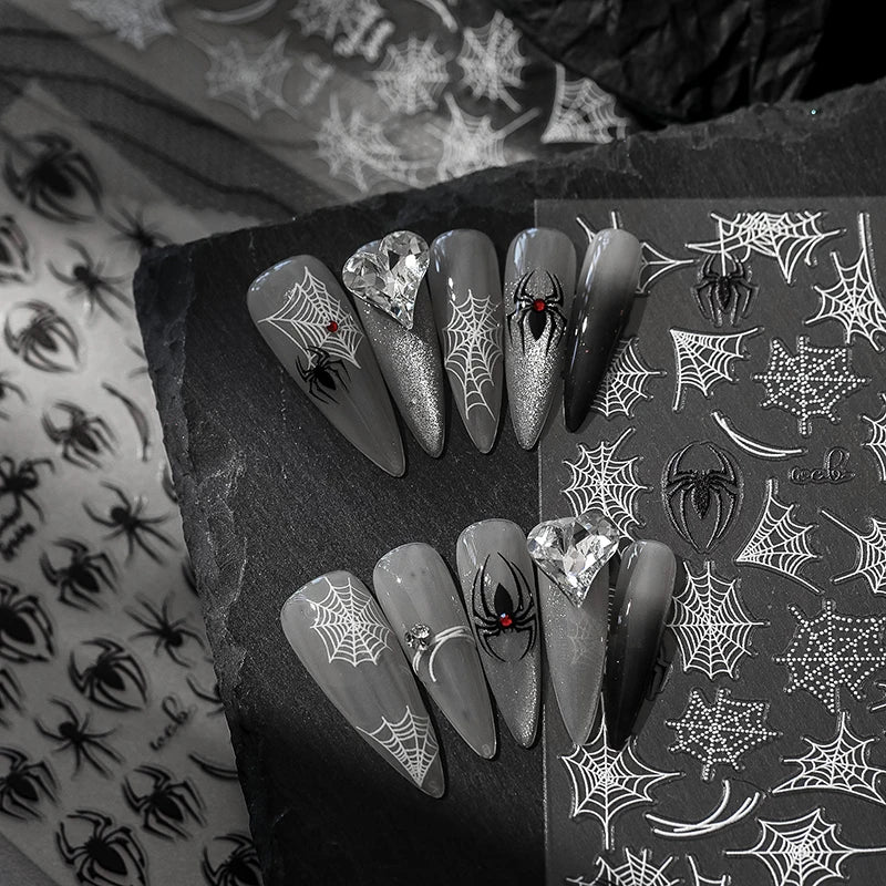 5D Relief Halloween Spider Nails Sticker Black Spiders Cobweb Embossed DIY Manicure Decals
