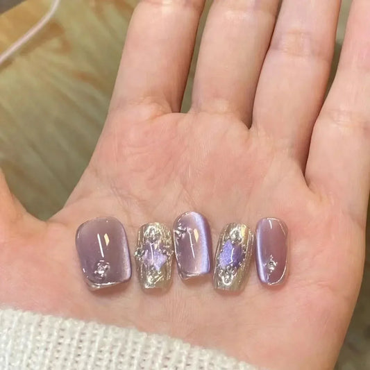 10Pcs Light Luxury Handmade Press On Nails Full Cover Cat Eye Design Glitter Ballerina False Nails Manicure Wearable Nail Tips