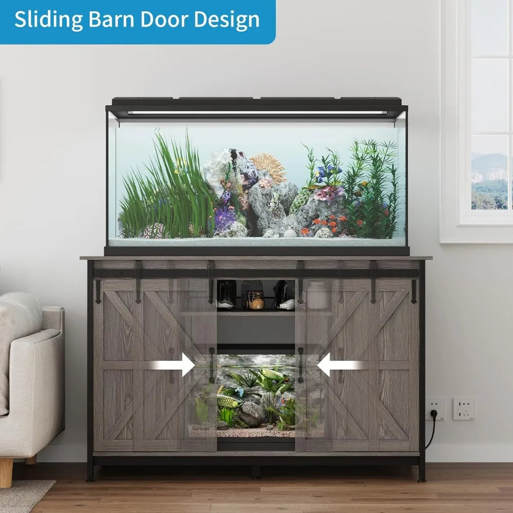 Farmhouse 55-75 Gallon Fish Tank Stand with Power Outlet, Aquarium Stand with Storage Cabinet and Sliding Barn Door, Heavy Duty