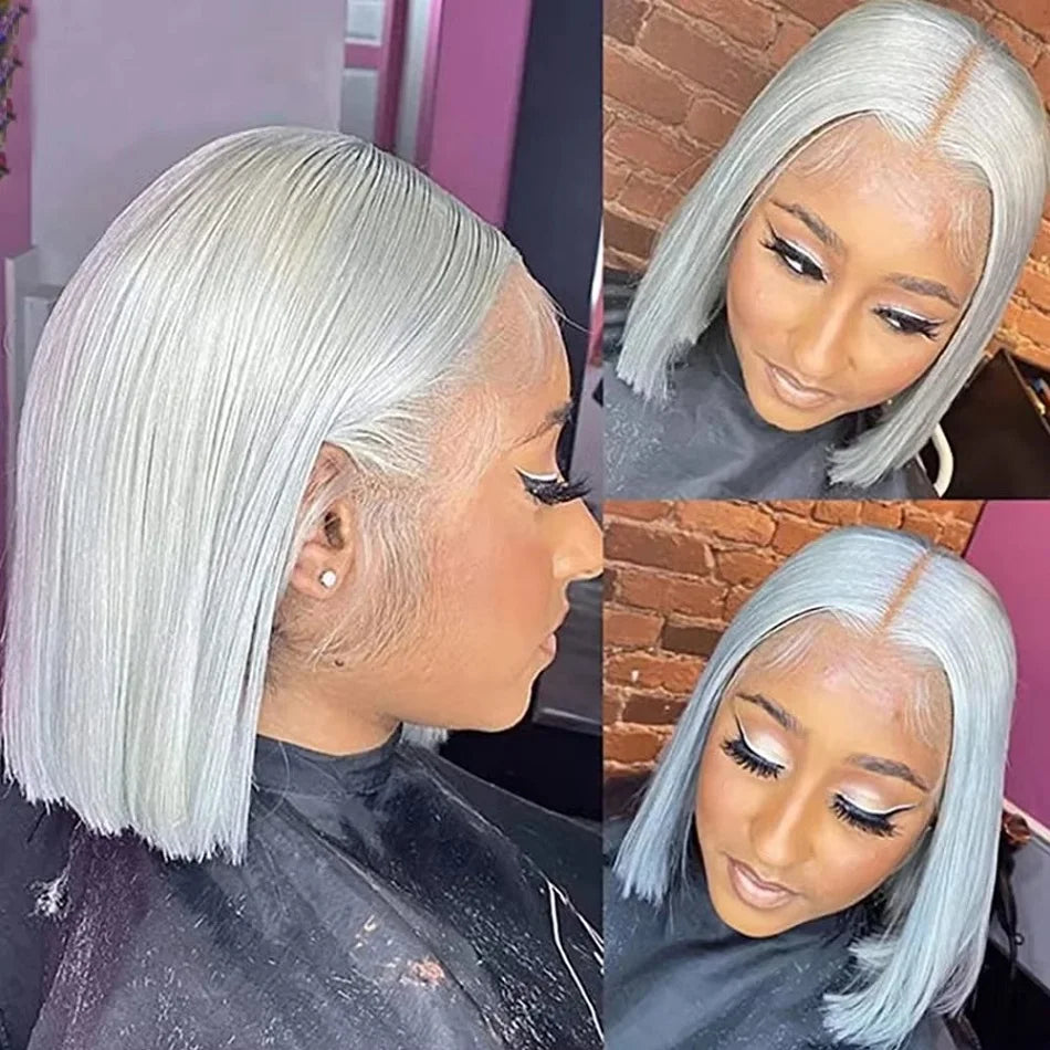 Grey Bob Lace Front Human Hair Wig 13x4 10 12 14 Inches