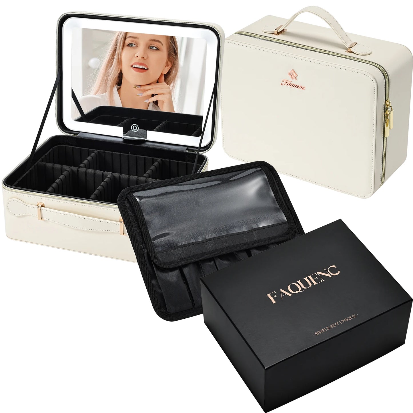 Leather Makeup Case With LED Mirror Travel And Dividers