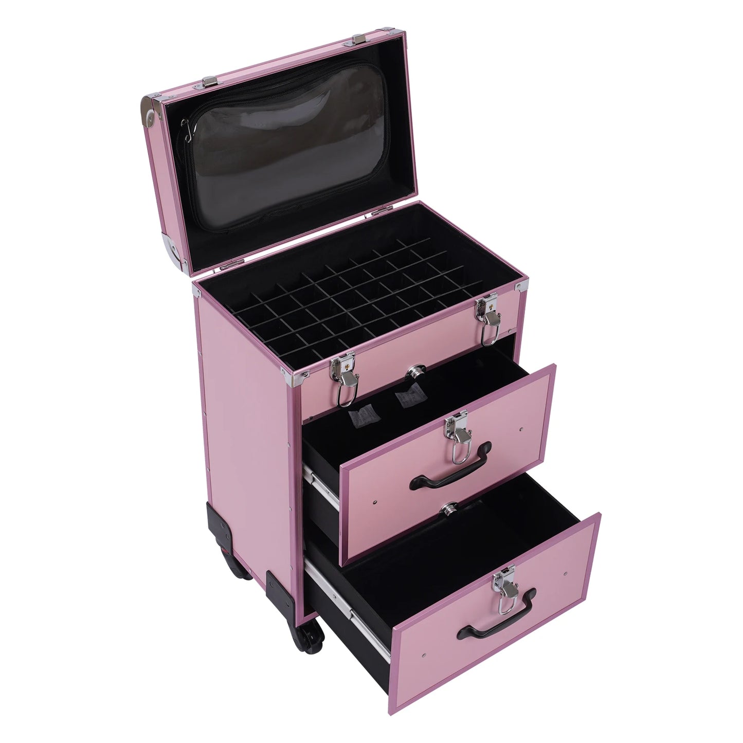 Professional Makeup Rolling Train Case, 3-Layer Portable Cosmetics Organizer with 40 Compartments & Wheels - 110LBS Capacity