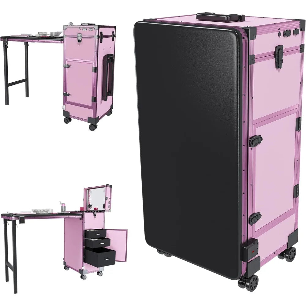 Portable Rolling Manicure Table w/Telescopic Rod, Mobile Makeup Case Foldable Nail Desk Cosmetology Case with Wheels, 3 Lockable