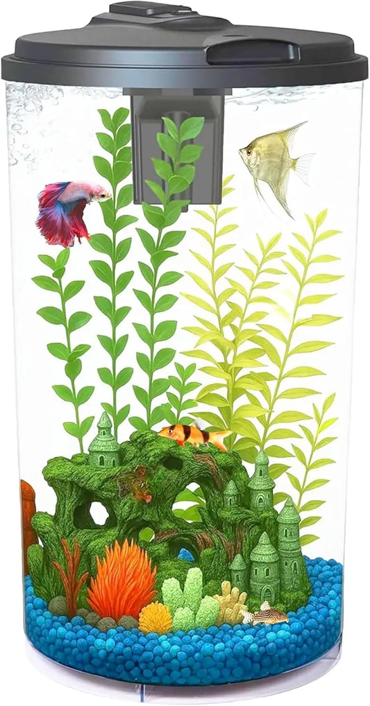 Plastic 6-Gallon AquaView 360 Aquarium Kit for Tropical Fish, Betta Fish with LED Lighting and Power Filter Clear, 4-Piece Set