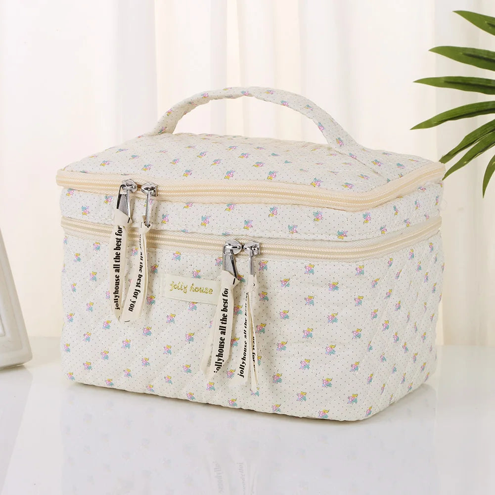 Double Layer Quilted Makeup Bag Floral Cotton Capacity