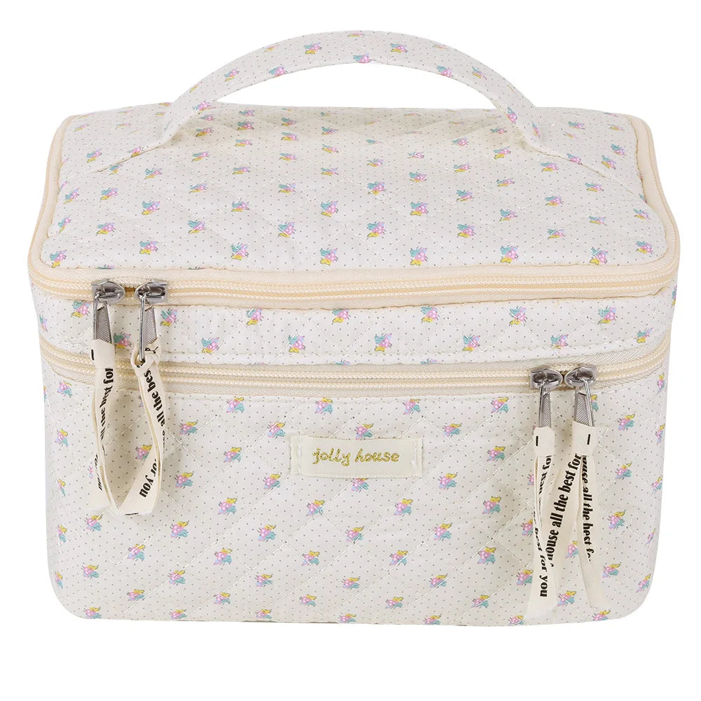 Double Layer Quilted Makeup Bag Floral Cotton Capacity