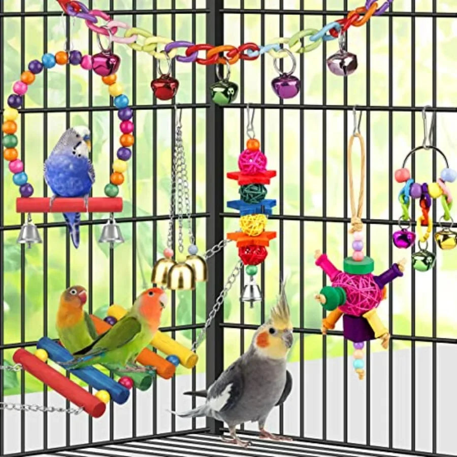 Bird Toys for Conures with Colorful Ladder Hammock Bird Cage Accessories Bird Perch Stand Chewing Toys Hanging Bell for Parrot