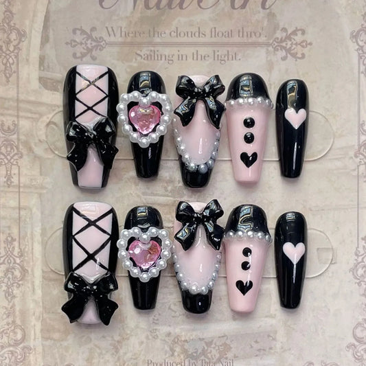 10 Pcs Pink Black Heart Nails With 3D Bows Y2K Press On