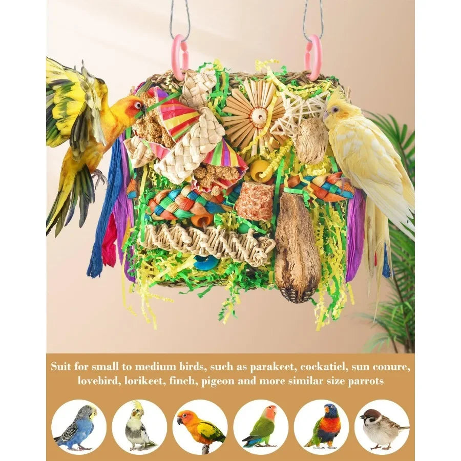 Interactive Foraging and Climbing Bird Toy Set with Colorful Shredding Seagrass Swing Mat and Wallmounted Hammock for Conures C