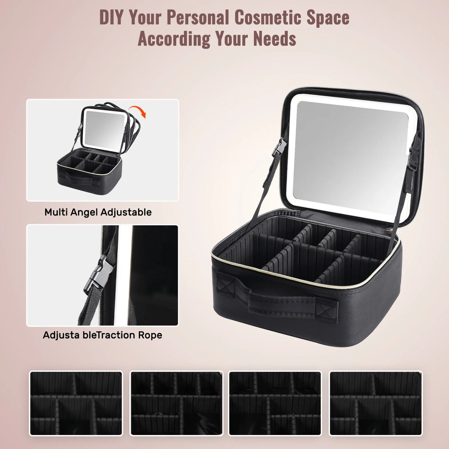 Travel Makeup Bag With LED Mirror And Adjustable Dividers