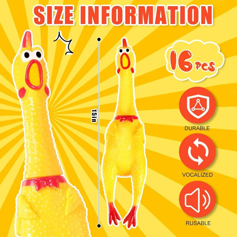 Sratte 16 Pack Screaming Chicken Toys Bulk Large Rubber Squeaking Chicken Toys for Pet Chew Gifts Prank Novelty Toy(15 Inch,Yell