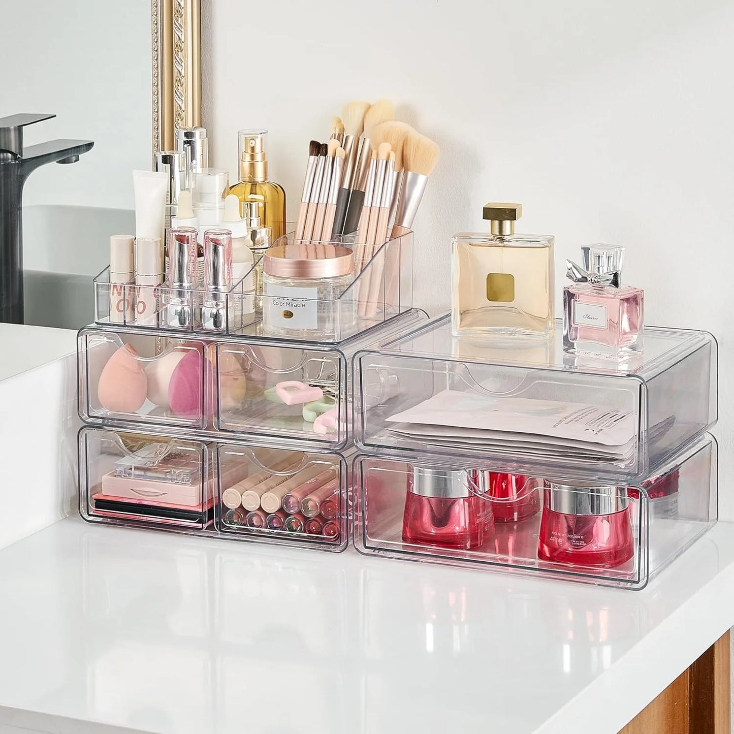 5 Tier Clear Makeup Organizer with Drawer Cosmetic Storage for Dresser Countertop and Bathroom Vanity Beauty Holder