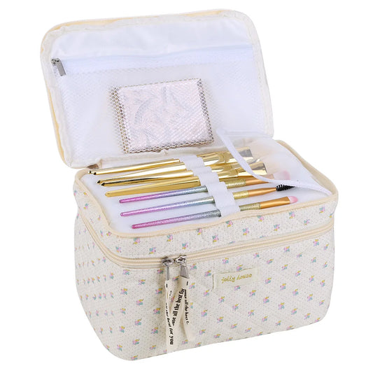 Double Layer Quilted Makeup Bag Floral Cotton Capacity