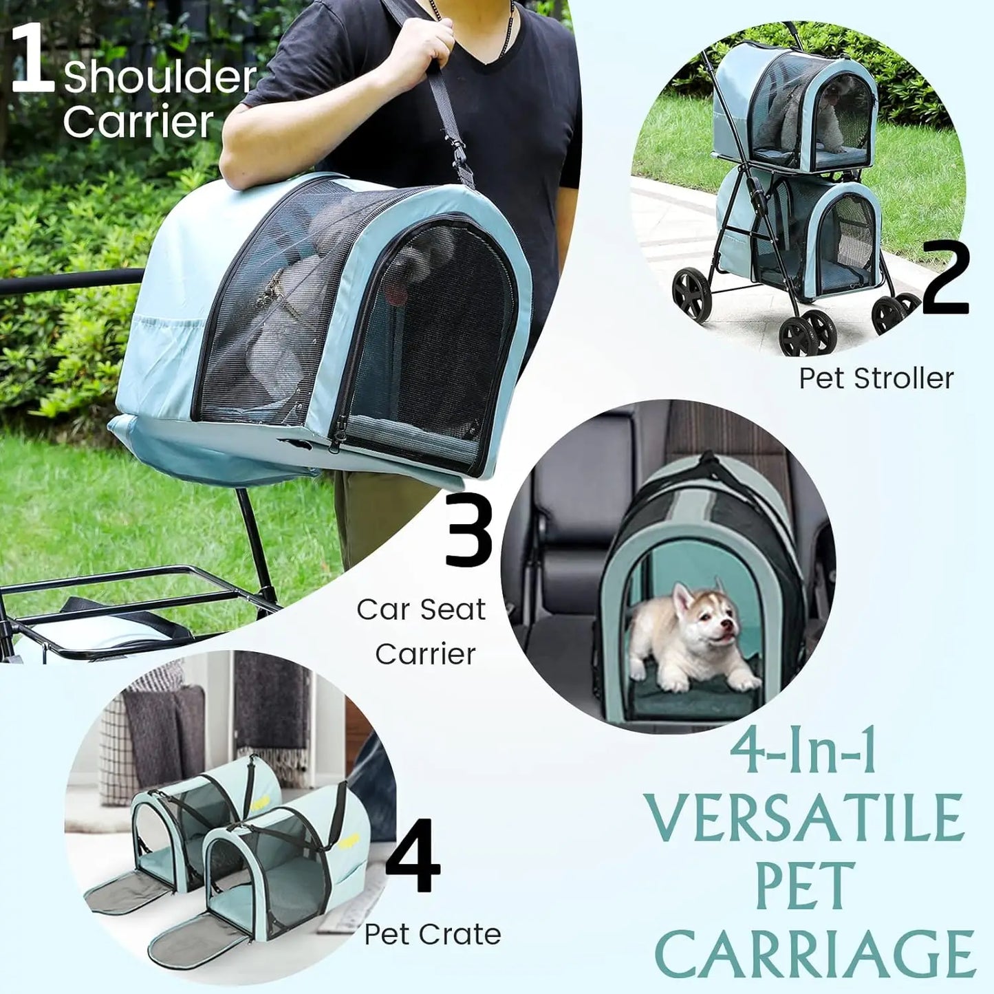 4-in-1 Double Pet Stroller for Dogs and Cats, 2 Detachable Carriers, 4 Lockable Wheels Cat Strollers for 2 Cats, Collapsible