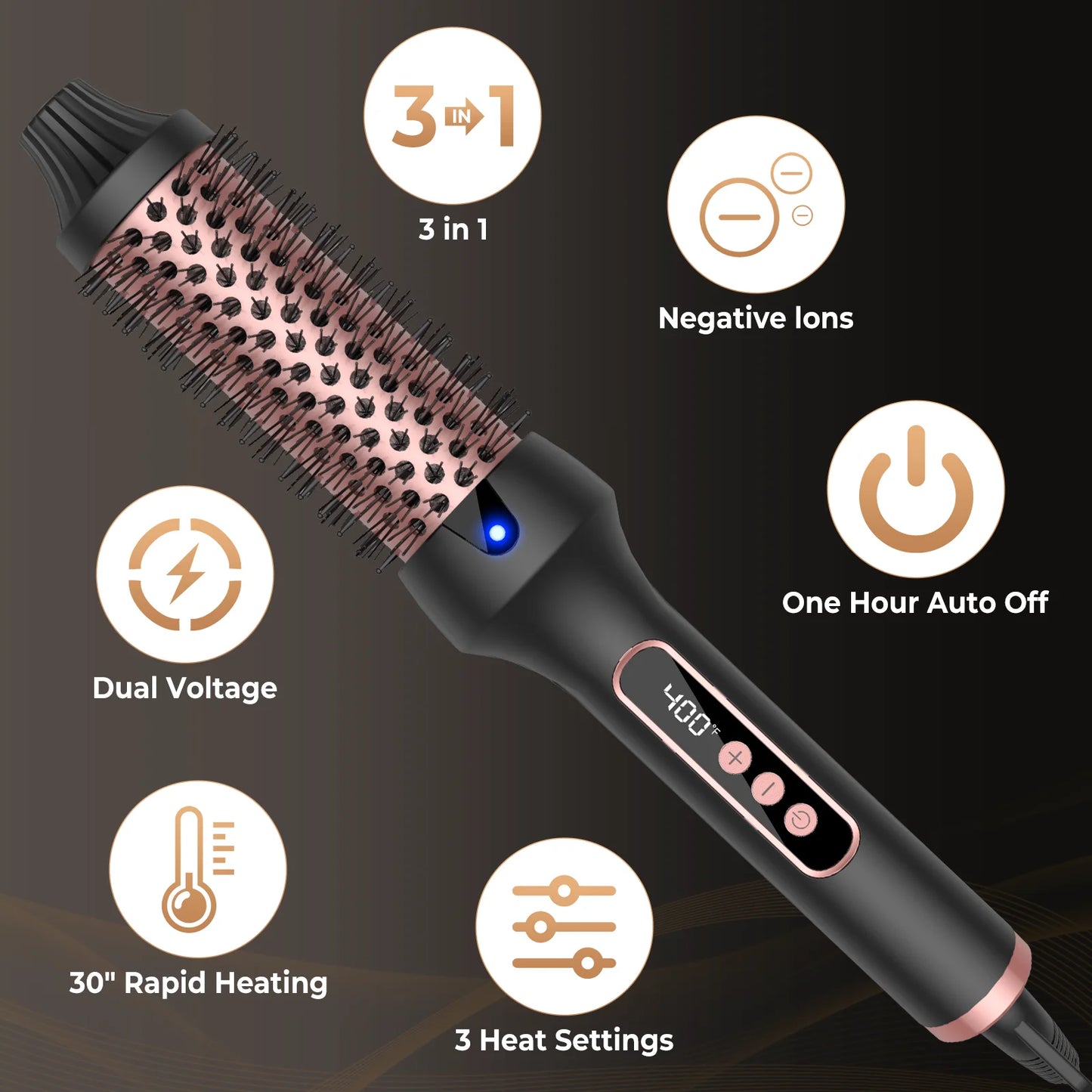 Thermal Hair Brush Hot Air Volumizer Curling Iron Black