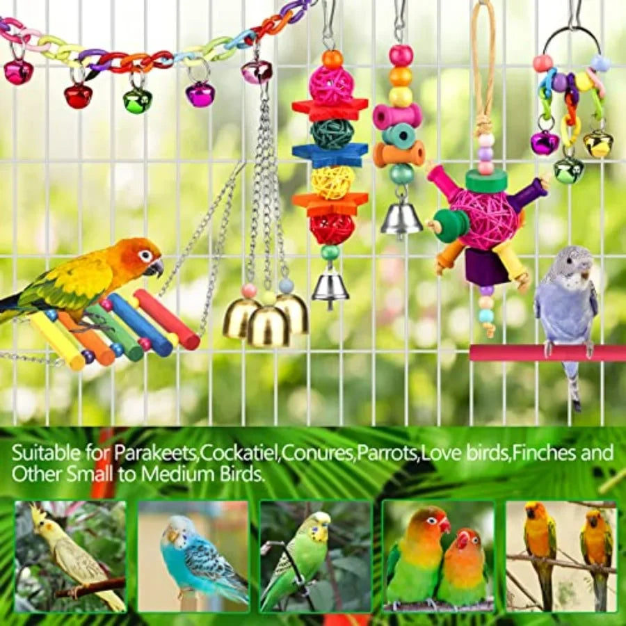 Bird Toys for Conures with Colorful Ladder Hammock Bird Cage Accessories Bird Perch Stand Chewing Toys Hanging Bell for Parrot