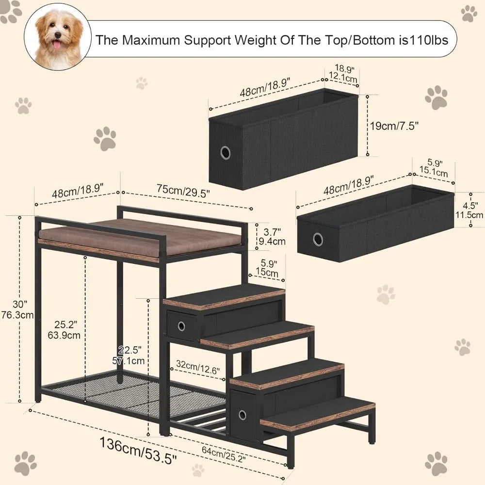 Pet Bunk Bed with Stairs and Storage Multi Level Elevated Dog and Cat Bed with Window Perch and Bedside Lounge