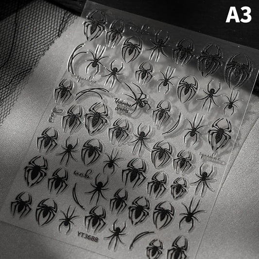 5D Relief Halloween Spider Nails Sticker Black Spiders Cobweb Embossed DIY Manicure Decals
