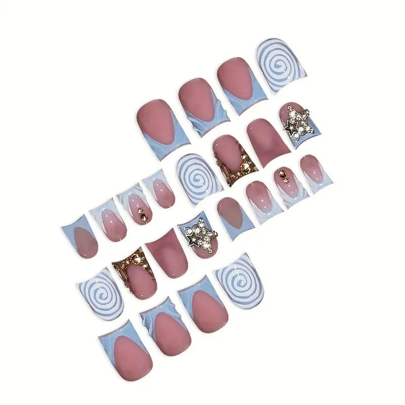 24pcs Short Duckbill False Nails Wearable Blue French Fake Nails Star Flash Rhinestones Decor Gradient Y2k Nails Press on Nail